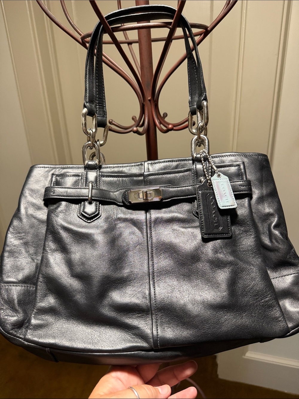 Coach Black Leather Shoulder Bag with Silver Hardware